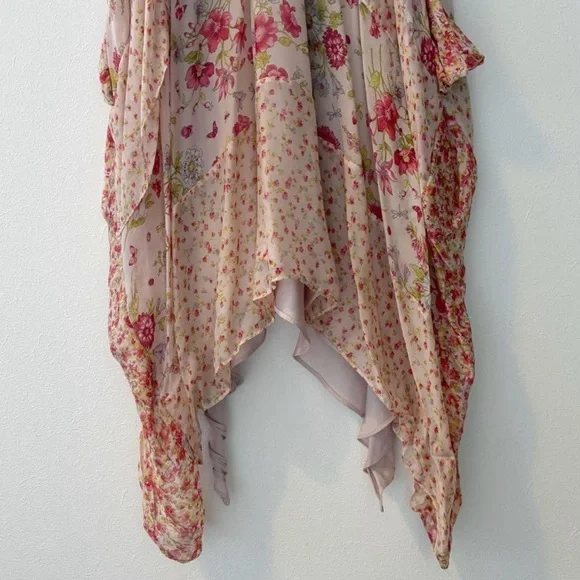 Zara 100% Silk Floral V Neck Asymmetrical High Low Knee Length Dress (Medium) - Picture 3 of 8